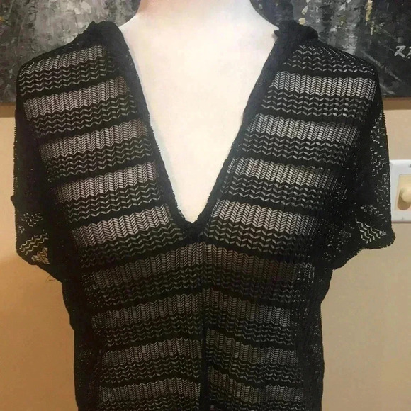 Dream Beach Black Hooded Swim Cover Up Rounded Hem Sheer Chevron Design-M - Picture 7 of 8